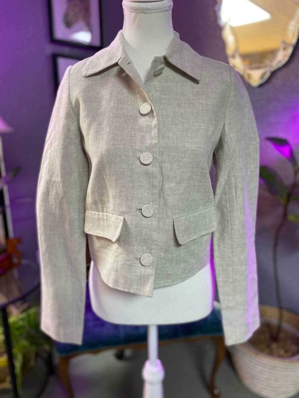Women's Tailored Beige Linen Button Up Blazer Size XXS
